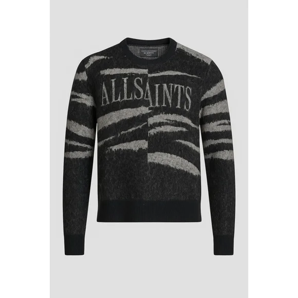 AllSaints Oversized Mohair Sweater in Gray + Black Abstract Stripe